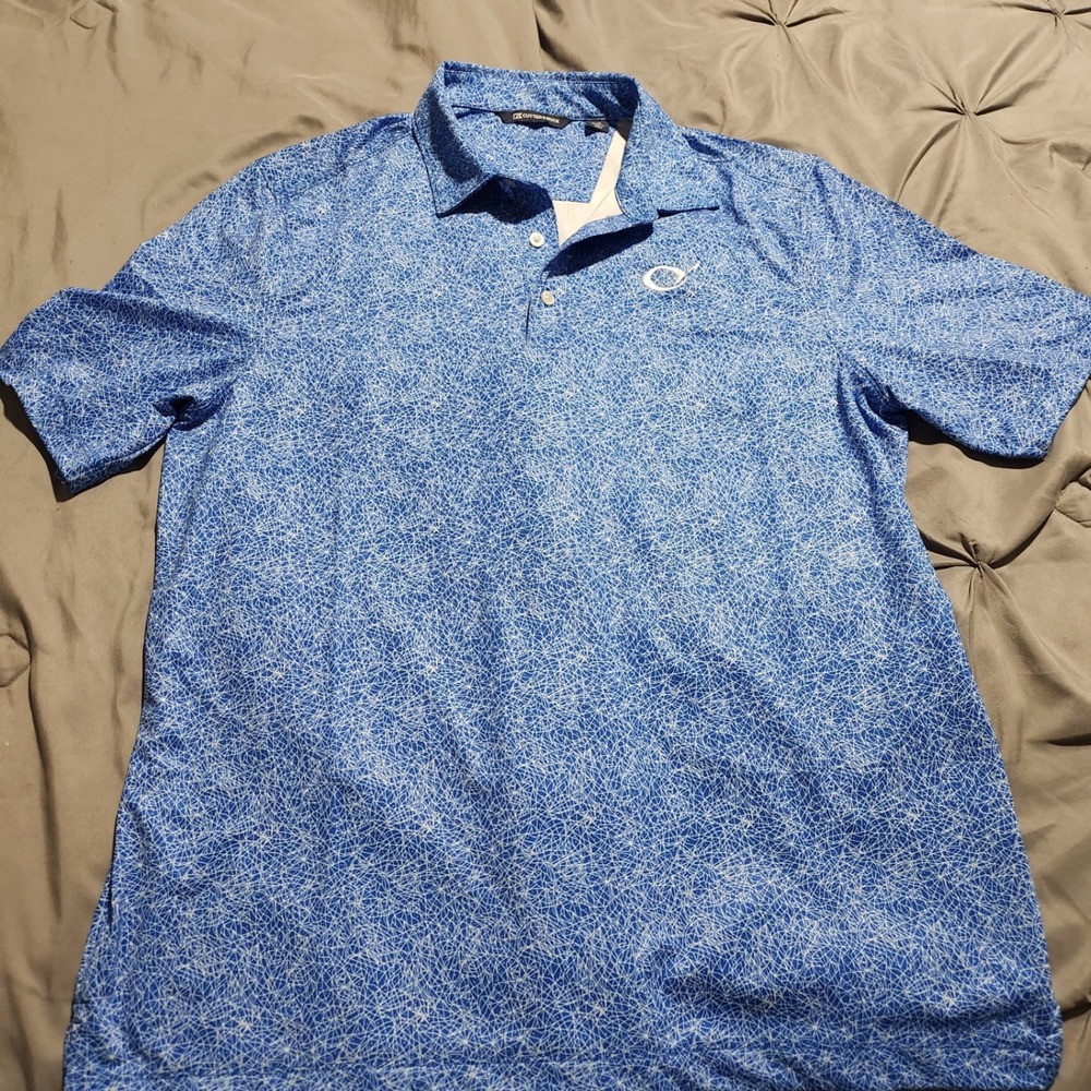 Cutter & Buck Mens Large Blue Geometric Polo Shirt Odyssey Aviation Golf L